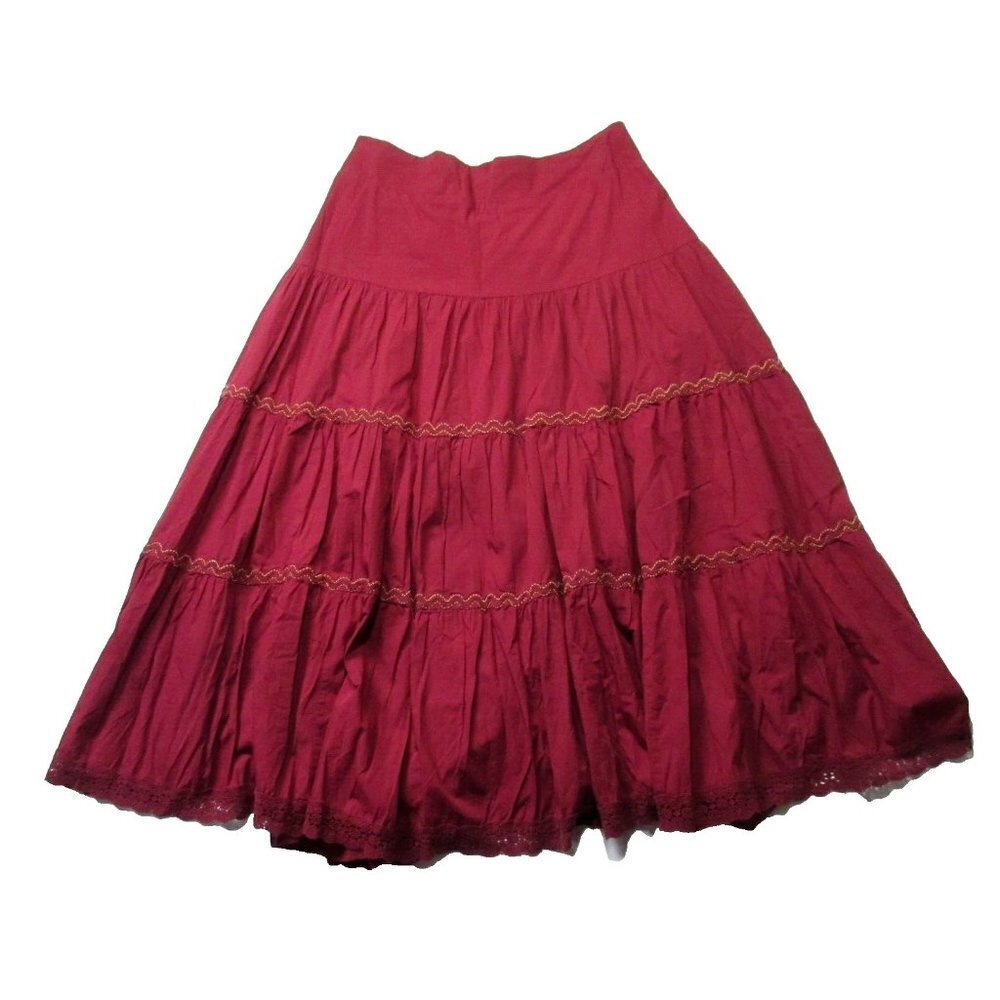NWT Anthropologie Tiered Lace Maxi in Maroon Red Cotton Pull-on Skirt 1X - Picture 8 of 11